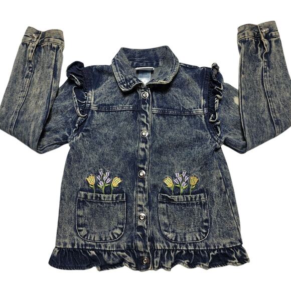 Little Lass Other - Vintage Little Lass Girl's Denim Snap Jacket Size 6X Ruffles Embroidered 90's